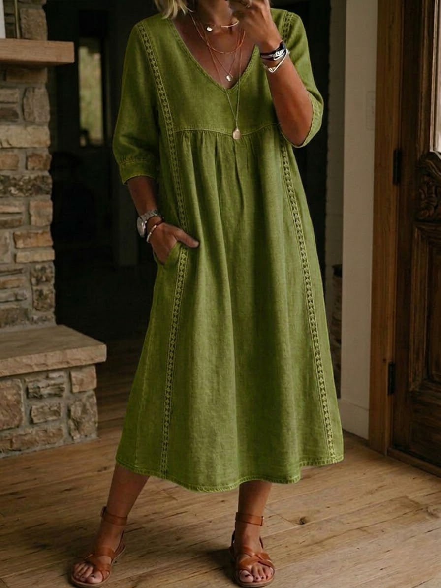 Women's Linen Midi Dress V-Neck 3/4 Sleeve Lace Trim Side Pockets Casual