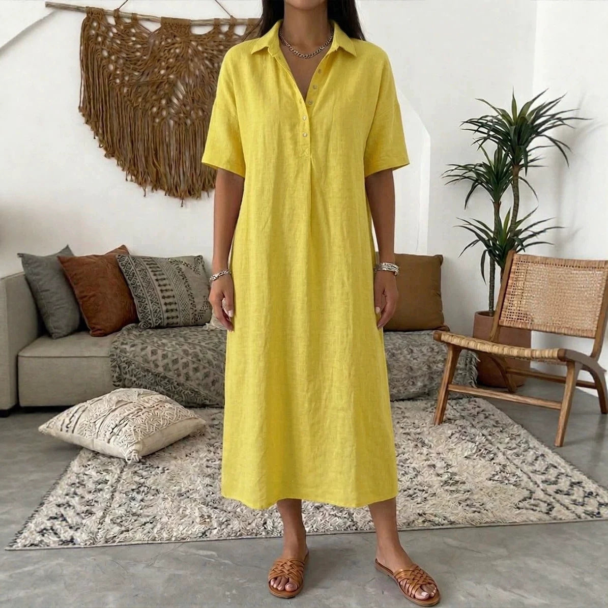 Women's Linen Shirt Dress Collared Short Sleeve Midi Button Placket Casual Beach