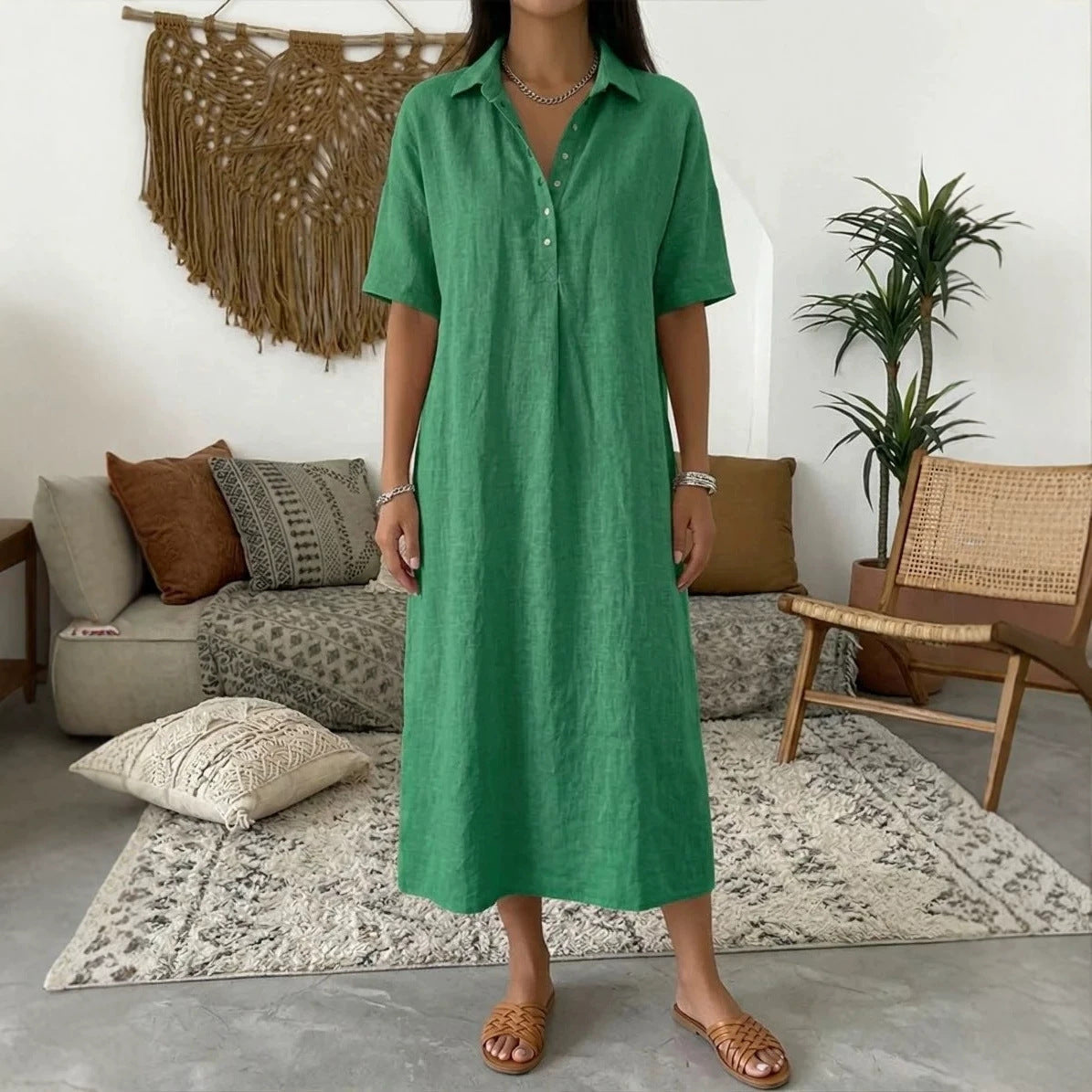 Women's Linen Shirt Dress Collared Short Sleeve Midi Button Placket Casual Beach