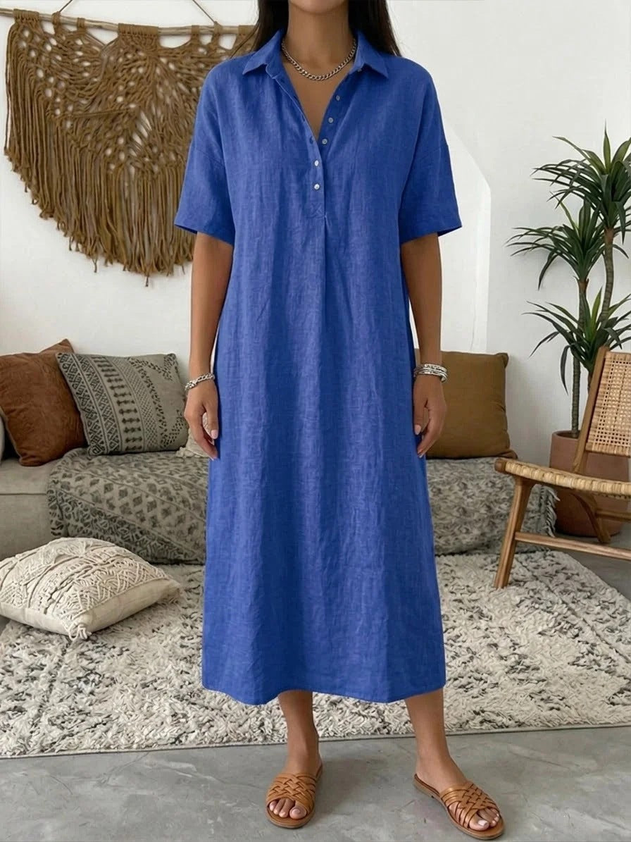 Women's Linen Shirt Dress Collared Short Sleeve Midi Button Placket Casual Beach