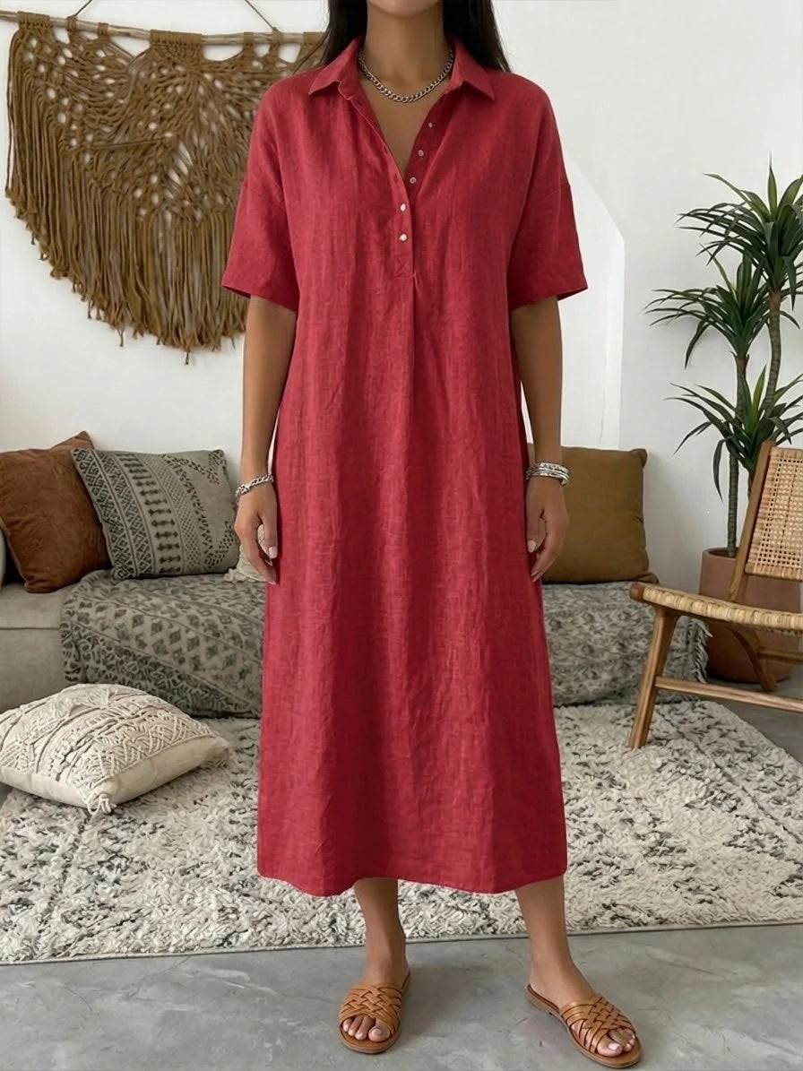 Women's Linen Shirt Dress Collared Short Sleeve Midi Button Placket Casual Beach