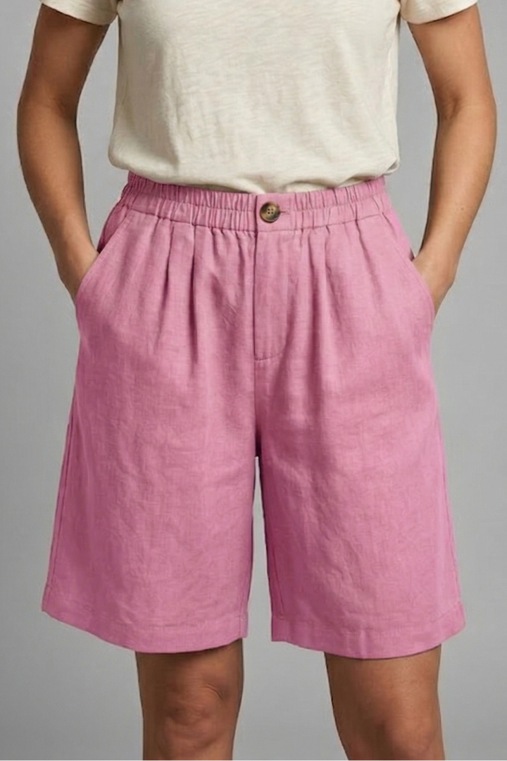 Women's Relaxed Linen Shorts Elasticated Waist Side Pockets Knee Length Casual