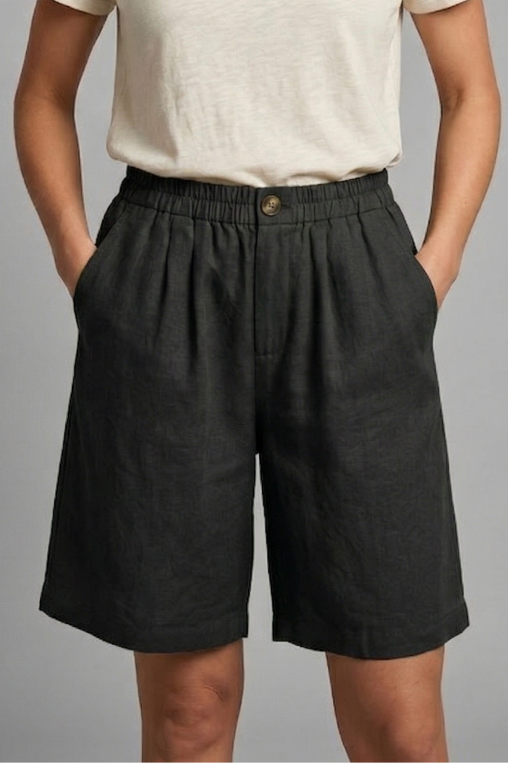Women's Relaxed Linen Shorts Elasticated Waist Side Pockets Knee Length Casual