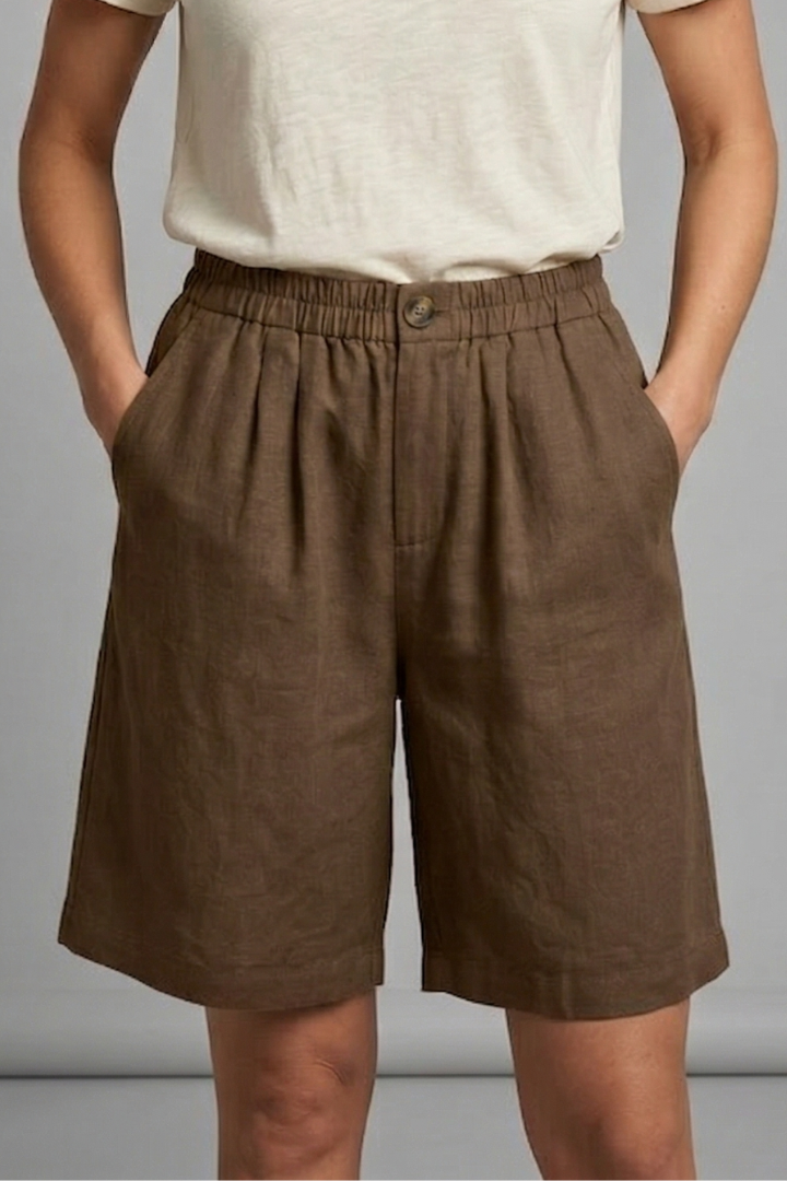 Women's Relaxed Linen Shorts Elasticated Waist Side Pockets Knee Length Casual