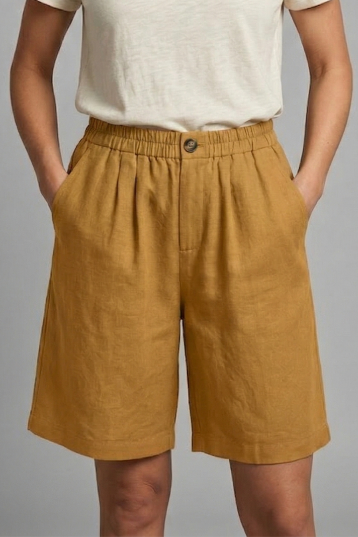 Women's Relaxed Linen Shorts Elasticated Waist Side Pockets Knee Length Casual