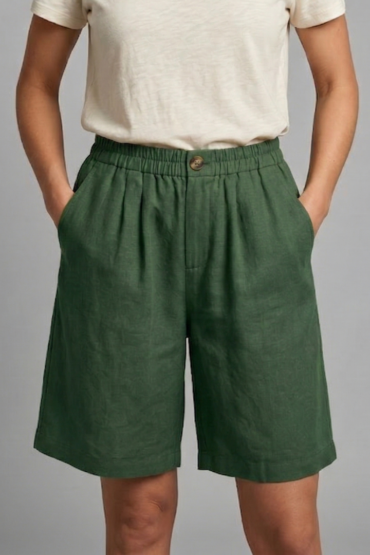 Women's Relaxed Linen Shorts Elasticated Waist Side Pockets Knee Length Casual
