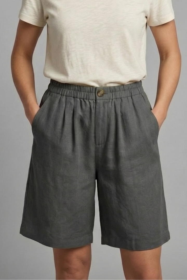 Women's Relaxed Linen Shorts Elasticated Waist Side Pockets Knee Length Casual