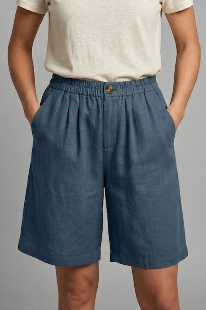 Women's Relaxed Linen Shorts Elasticated Waist Side Pockets Knee Length Casual