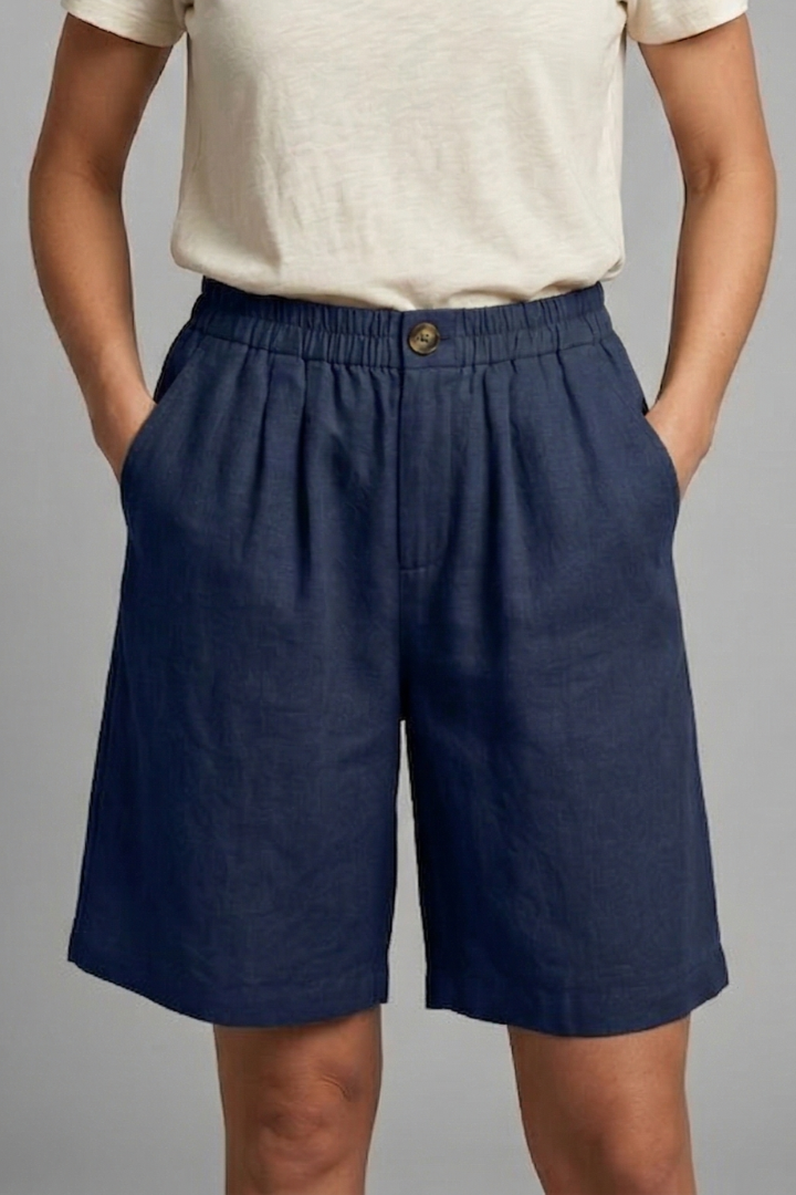 Women's Relaxed Linen Shorts Elasticated Waist Side Pockets Knee Length Casual