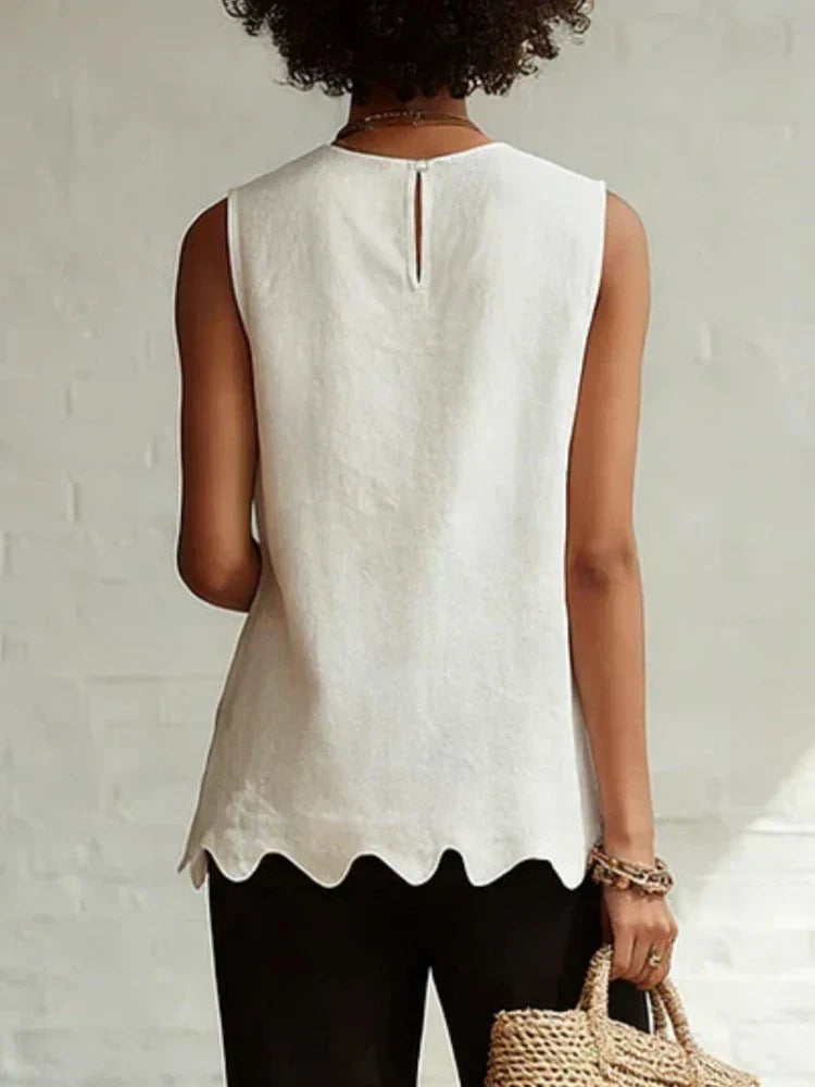 Women's Sleeveless Linen Top Scallop Hem Round Neck Casual Tank