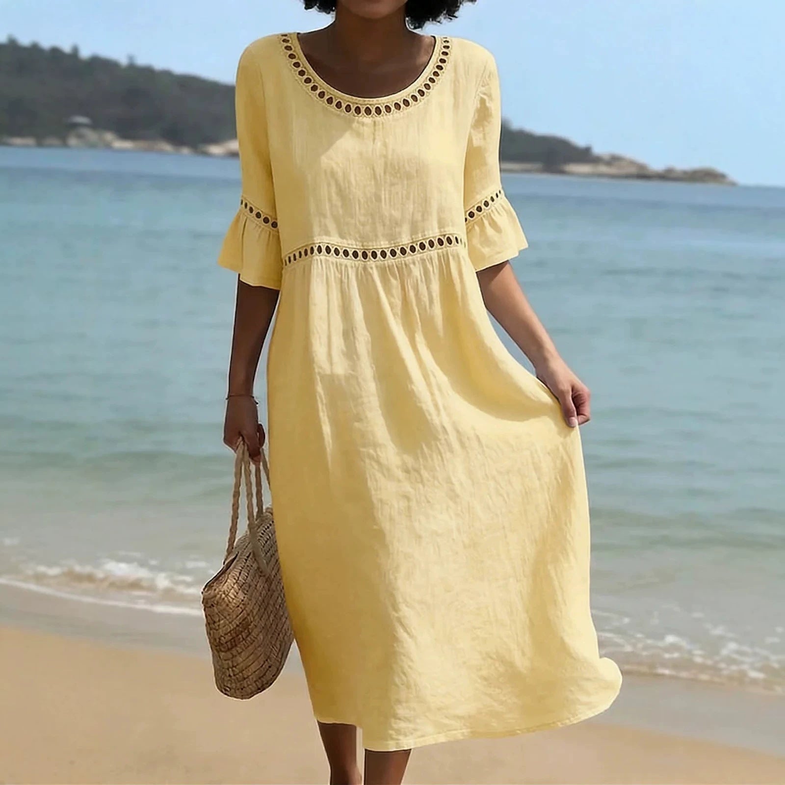 Women's Linen Midi Dress Hollow Out Flared Sleeve Round Neck Beach Casual