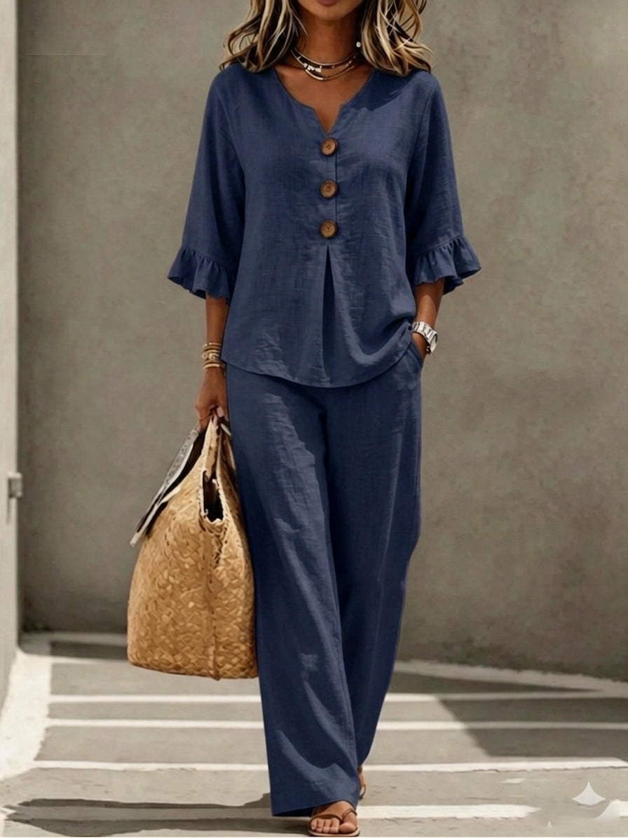 Women's Linen Two Piece Set V-Neck Ruffle Sleeve Top Wide Leg Pants Casual