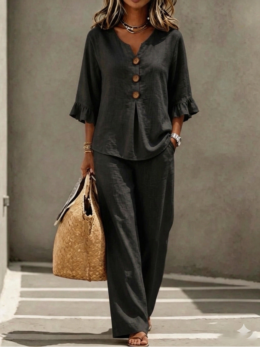 Women's Linen Two Piece Set V-Neck Ruffle Sleeve Top Wide Leg Pants Casual