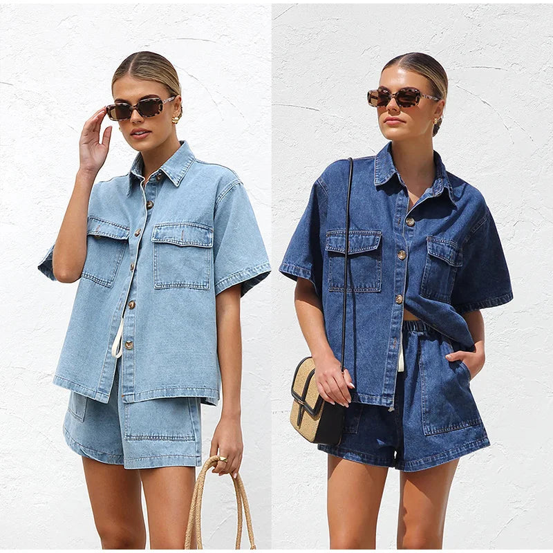 Women's Denim Two-Piece Set – Button-Down Top, Drawstring Shorts