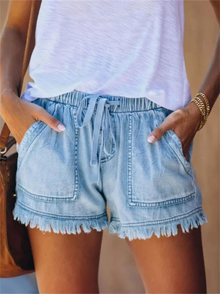 Women's Frayed Hem Denim Shorts Drawstring Elastic Waist Pockets Casual Summer
