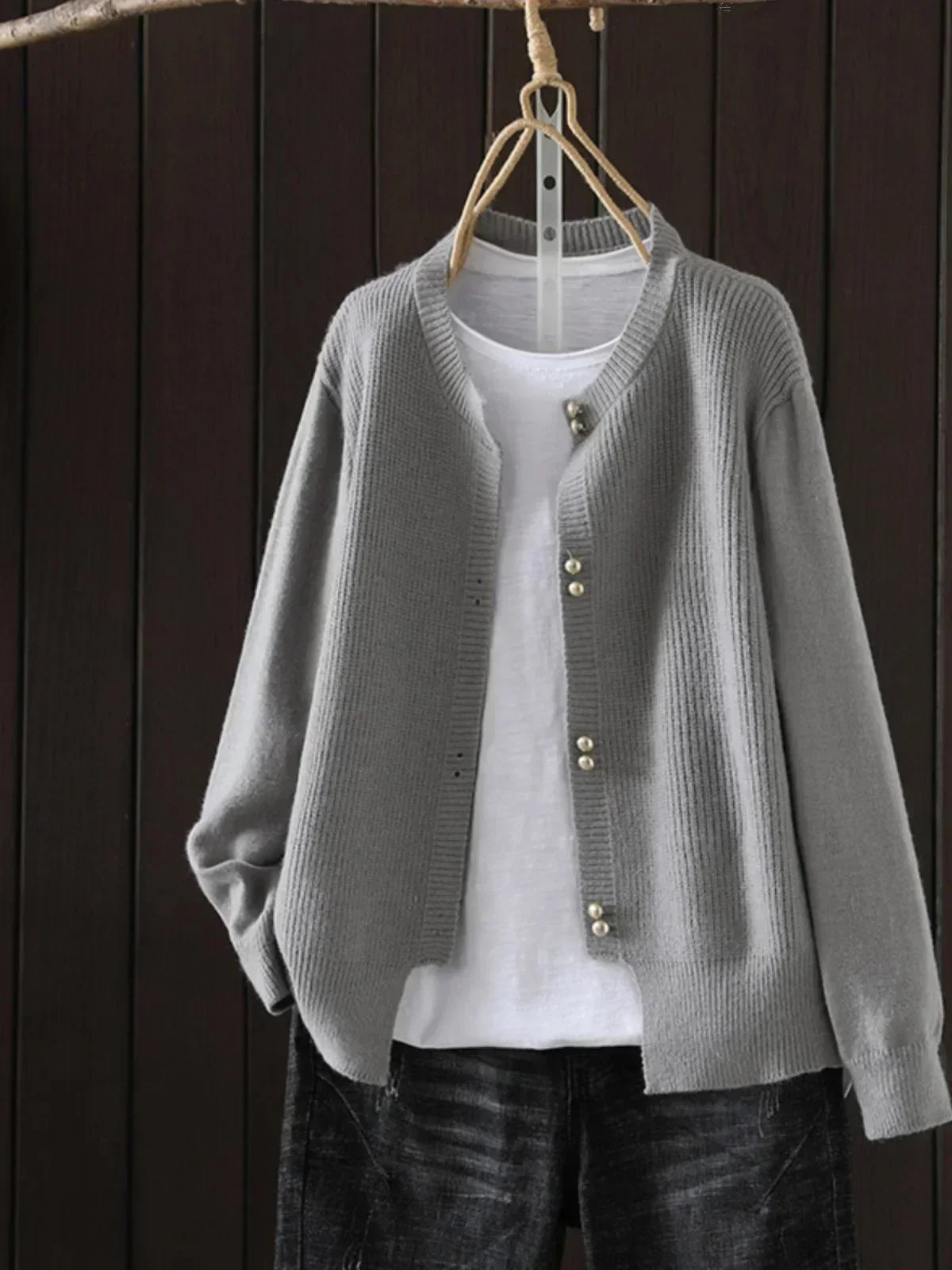 Women's Pearl-Button Cardigan Ribbed Knit Long Sleeve Round Neck Casual