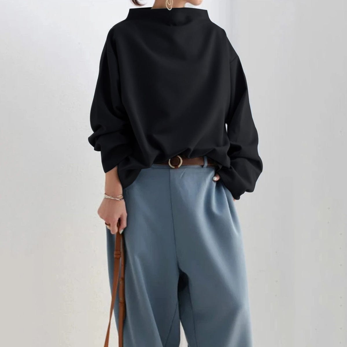 Women's High-Neck Pullover Top Long Sleeve Loose Fit Casual