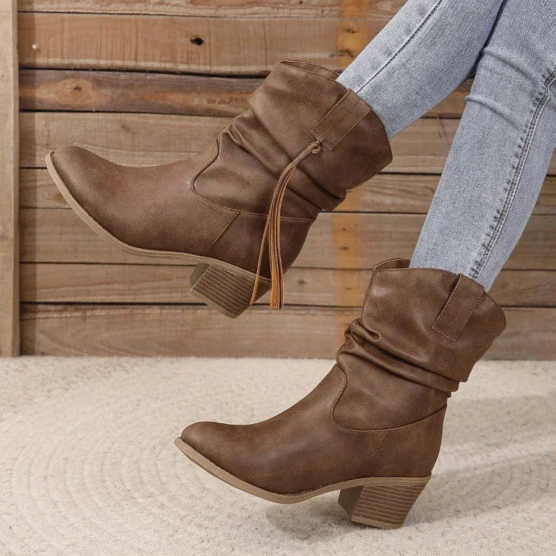 Women's Slouchy Western Ankle Boots Braided Tassel Block Heel Pointed Toe