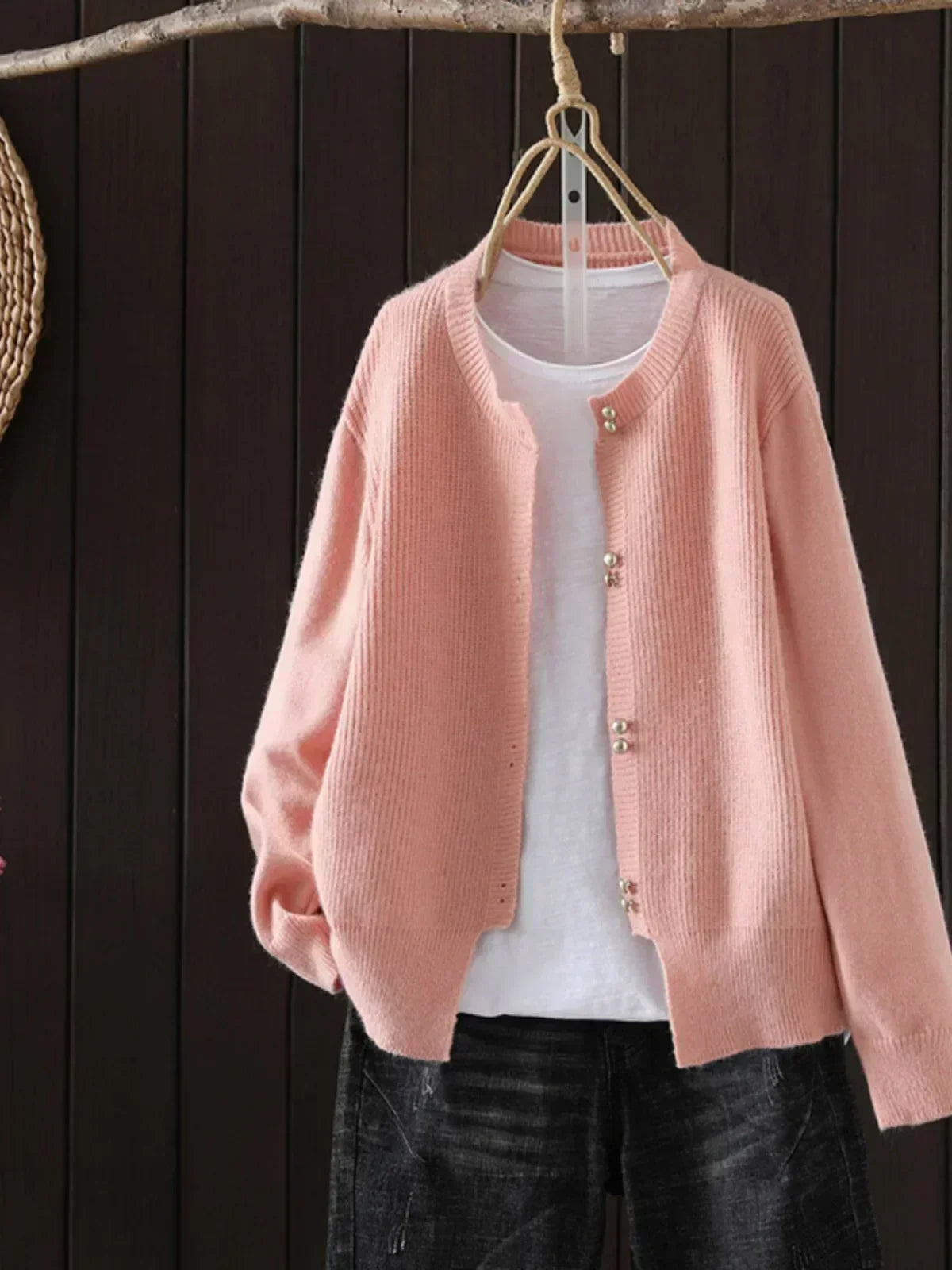 Women's Pearl-Button Cardigan Ribbed Knit Long Sleeve Round Neck Casual