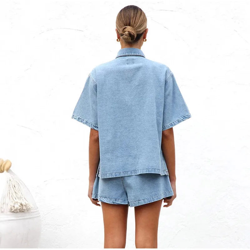 Women's Denim Two-Piece Set – Button-Down Top, Drawstring Shorts