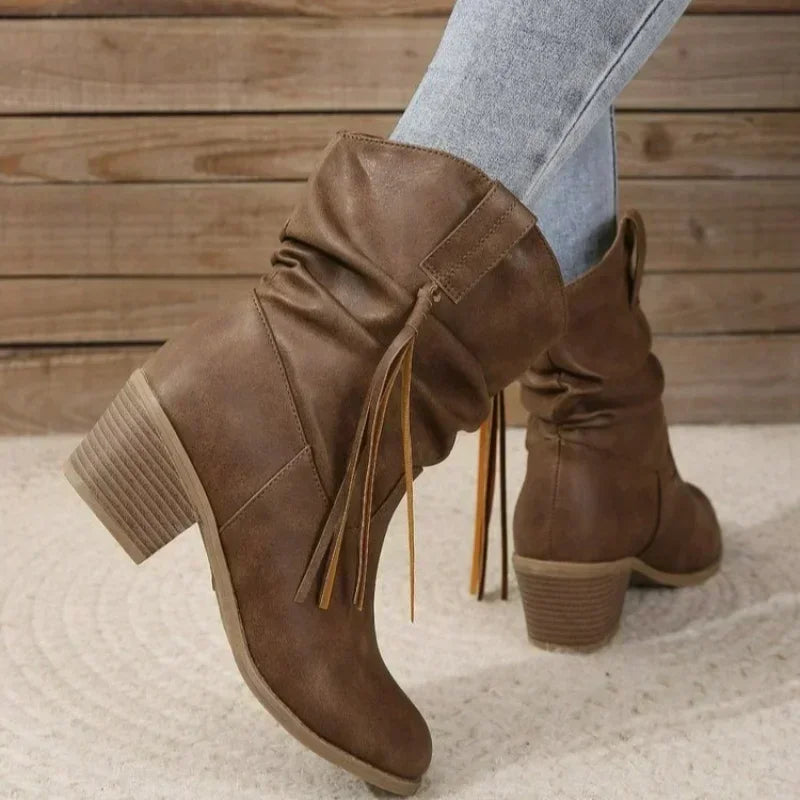 Women's Slouchy Western Ankle Boots Braided Tassel Block Heel Pointed Toe