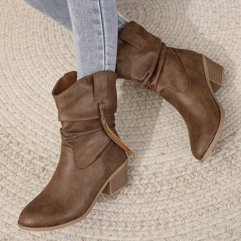 Women's Slouchy Western Ankle Boots Braided Tassel Block Heel Pointed Toe