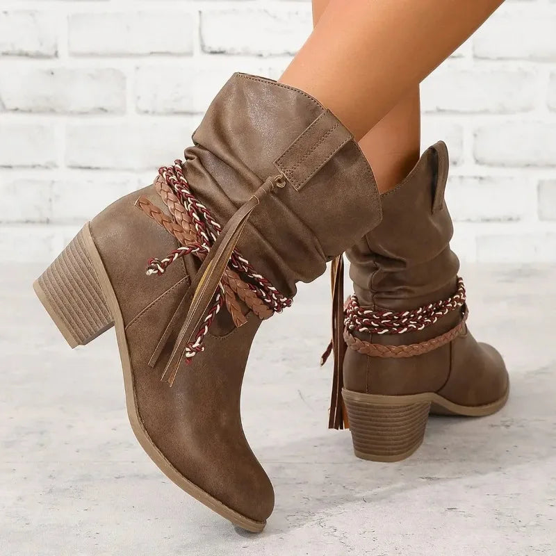 Women's Slouchy Western Ankle Boots Braided Tassel Block Heel Pointed Toe