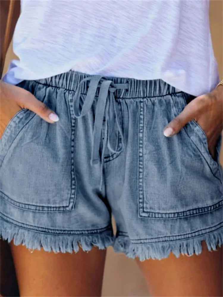 Women's Frayed Hem Denim Shorts Drawstring Elastic Waist Pockets Casual Summer