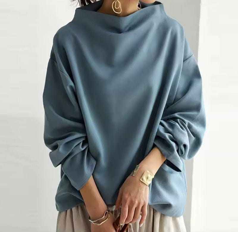 Women's High-Neck Pullover Top Long Sleeve Loose Fit Casual