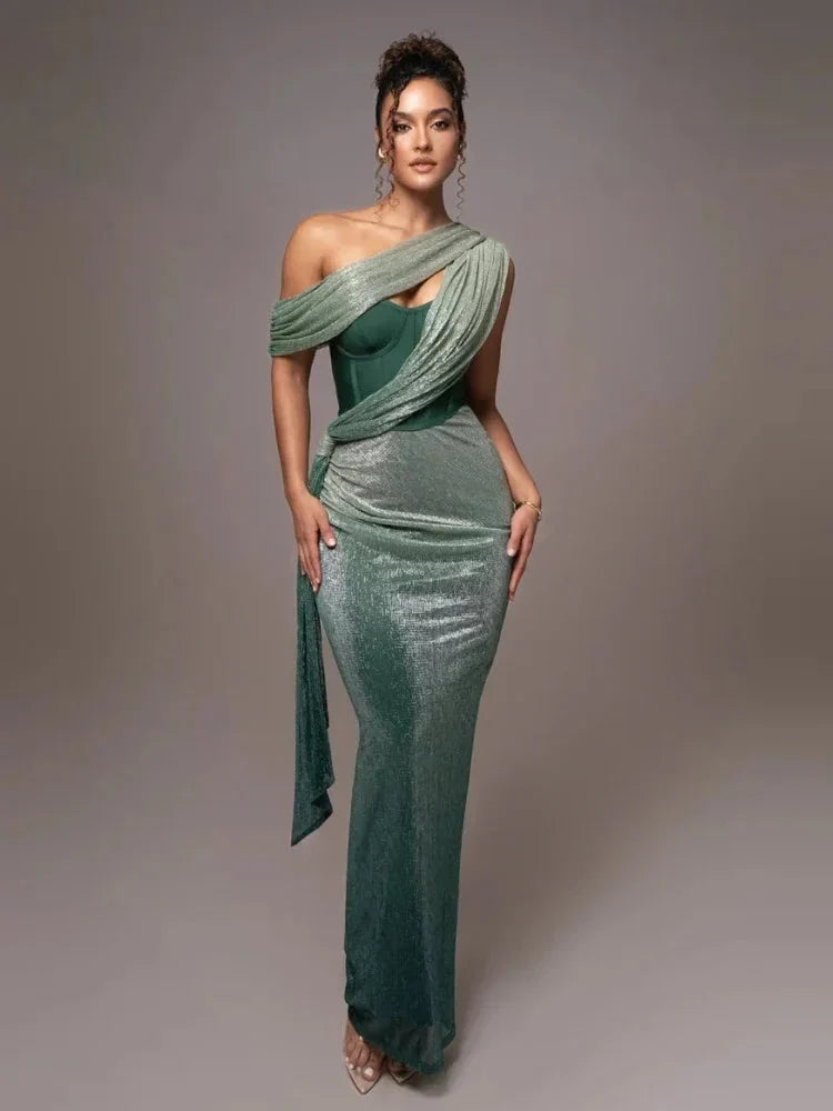Women's One-Shoulder Maxi Dress Asymmetric Draped Corset Bodycon Evening Gown