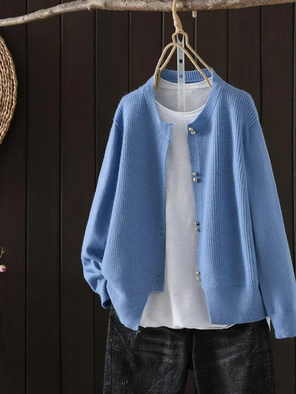 Women's Pearl-Button Cardigan Ribbed Knit Long Sleeve Round Neck Casual
