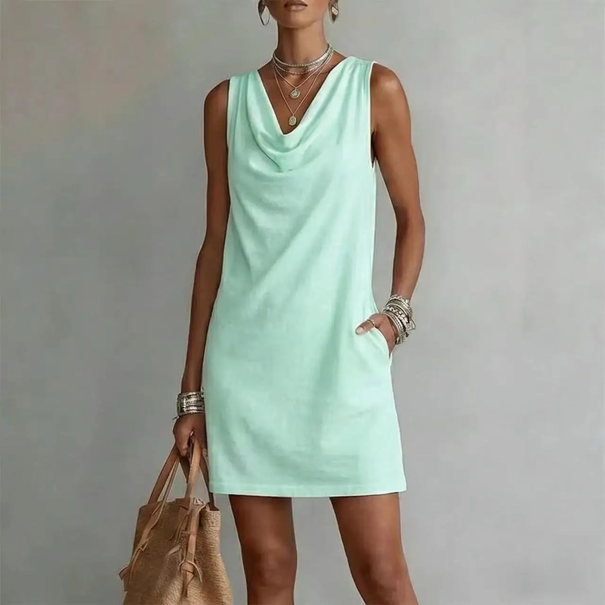 Women's Cowl Neck Mini Dress Sleeveless Pockets Casual Shift Dress