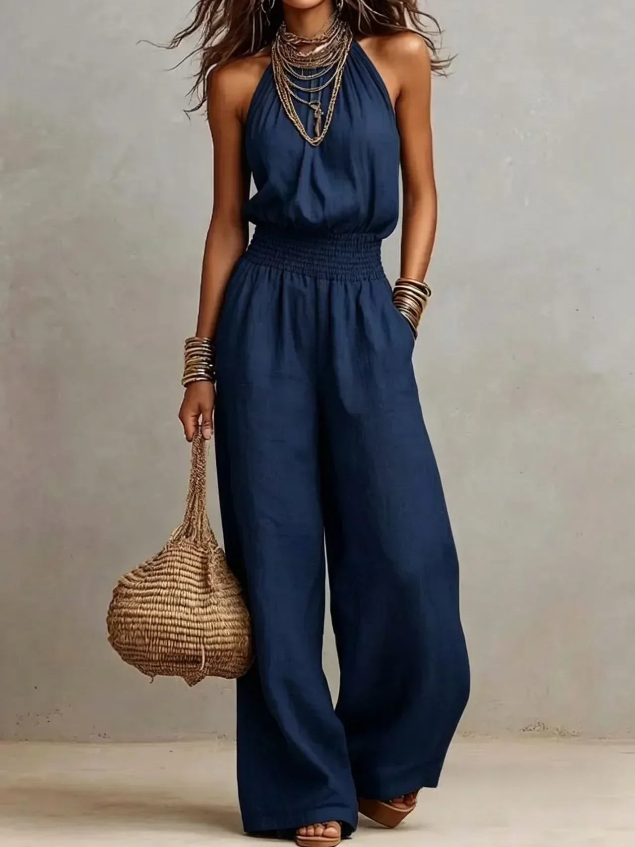 Women's Linen Jumpsuit Halter Neck Sleeveless Wide Leg Smocked Waist Casual