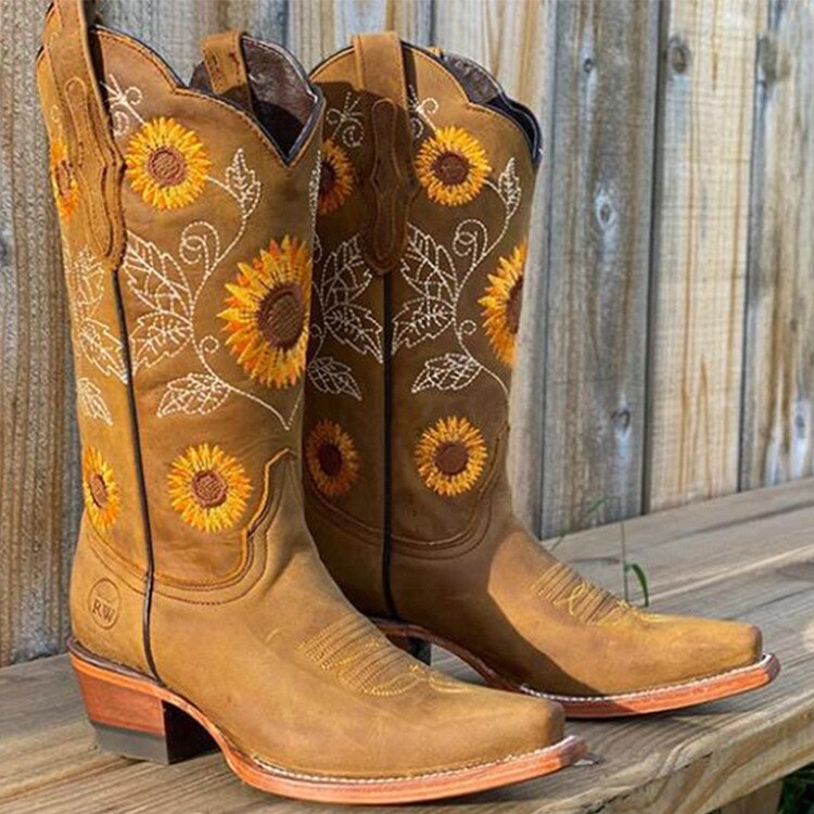 Women's Sunflower Embroidered Cowboy Boots Block Heel Mid-Calf Western Boots