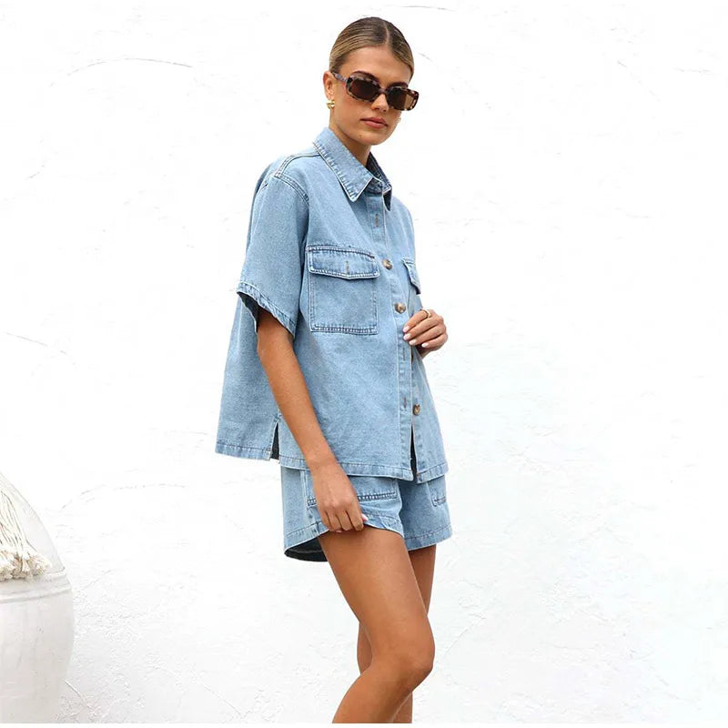 Women's Denim Two-Piece Set – Button-Down Top, Drawstring Shorts