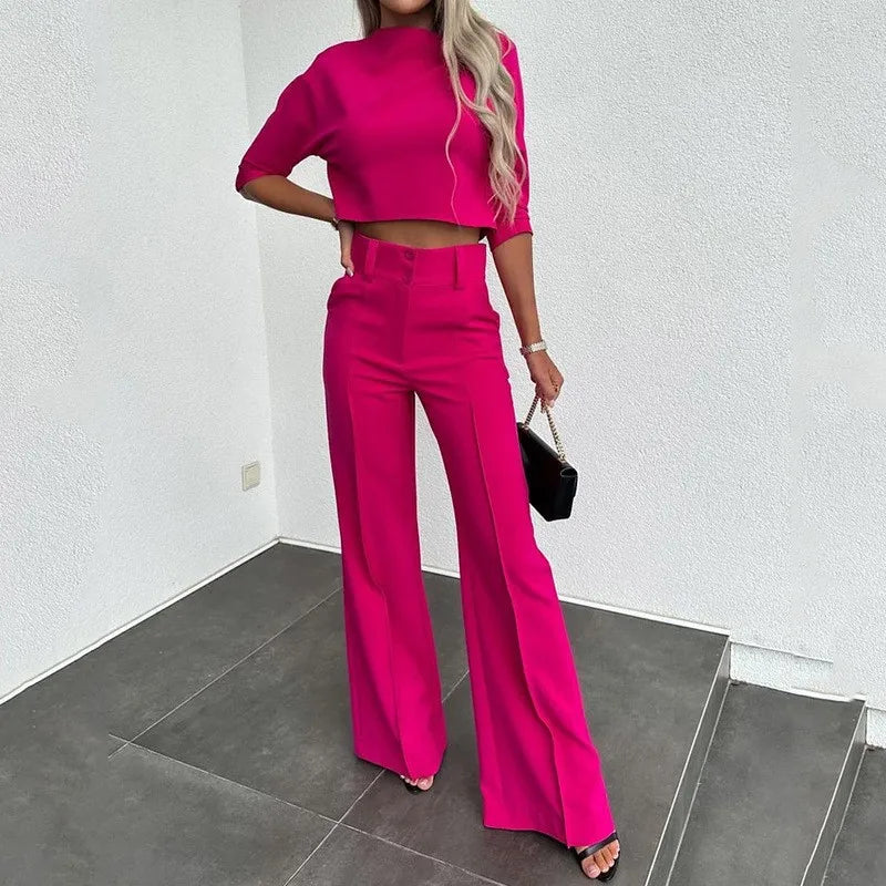 Women's 2 Piece Crop Top and Wide Leg Trousers Set Half Sleeve Casual