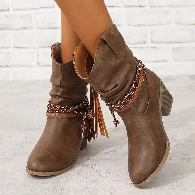 Women's Slouchy Western Ankle Boots Braided Tassel Block Heel Pointed Toe
