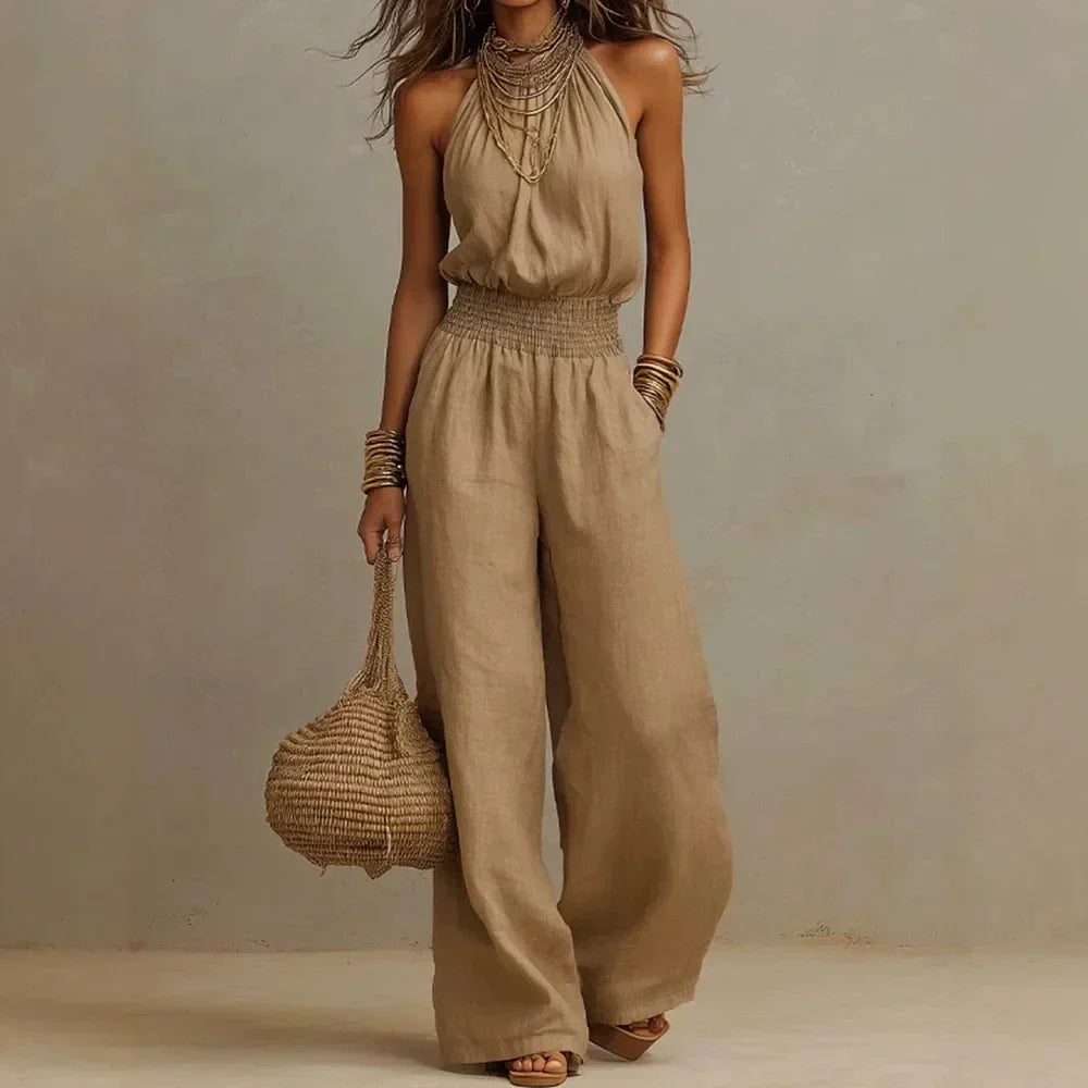 Women's Linen Jumpsuit Halter Neck Sleeveless Wide Leg Smocked Waist Casual