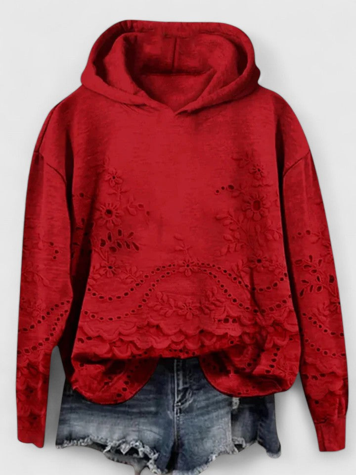 Women's Floral Embroidered Eyelet Lace Hoodie Long Sleeve Scalloped Hem Casual