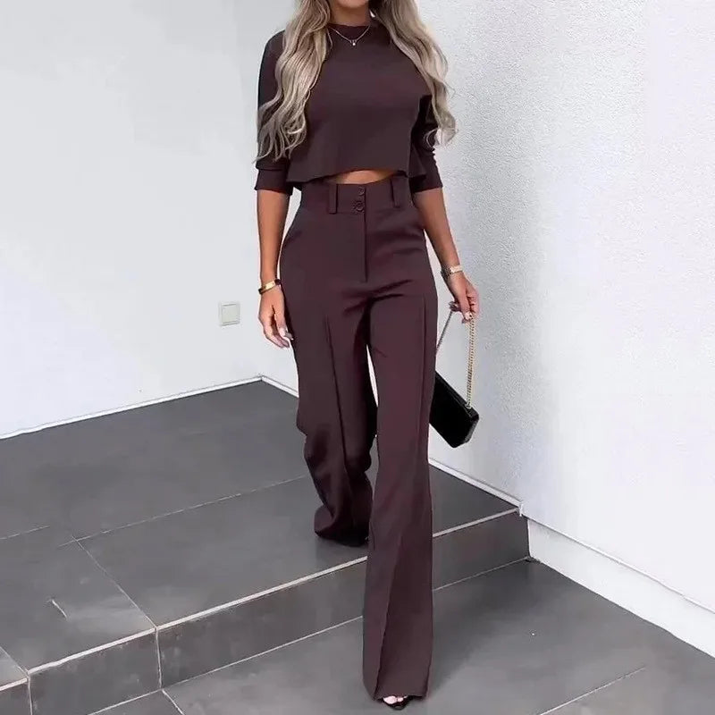 Women's 2 Piece Crop Top and Wide Leg Trousers Set Half Sleeve Casual