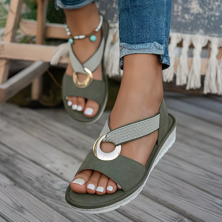 Women's Slide Sandals Metal Ring Cross Strap Open Toe Slip-On Beach