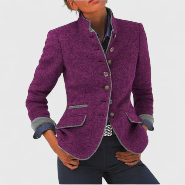 Women's Stand Collar Blazer Button Front Slim Fit Long Sleeve Casual Jacket