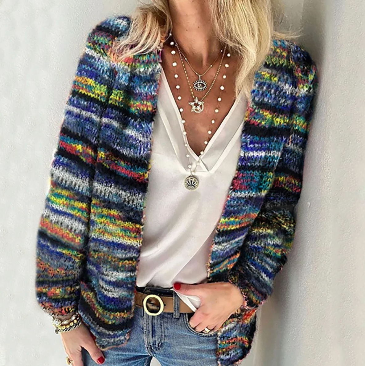 Women's Multicolor Striped Knit Cardigan Open Front Long Sleeve Casual Sweater