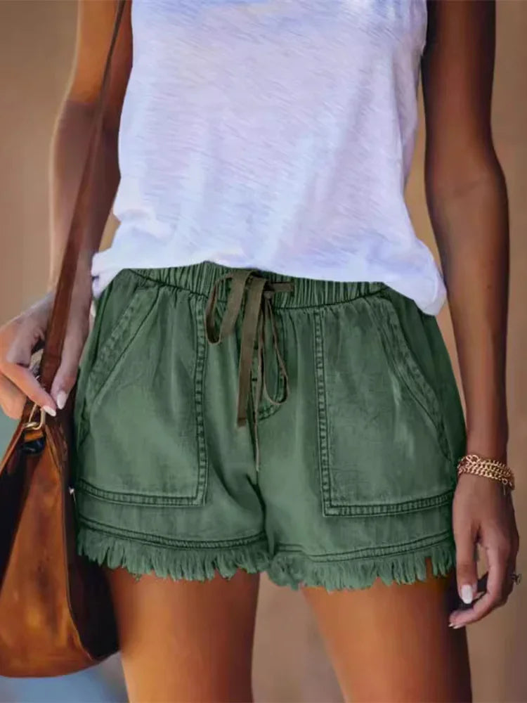 Women's Frayed Hem Denim Shorts Drawstring Elastic Waist Pockets Casual Summer