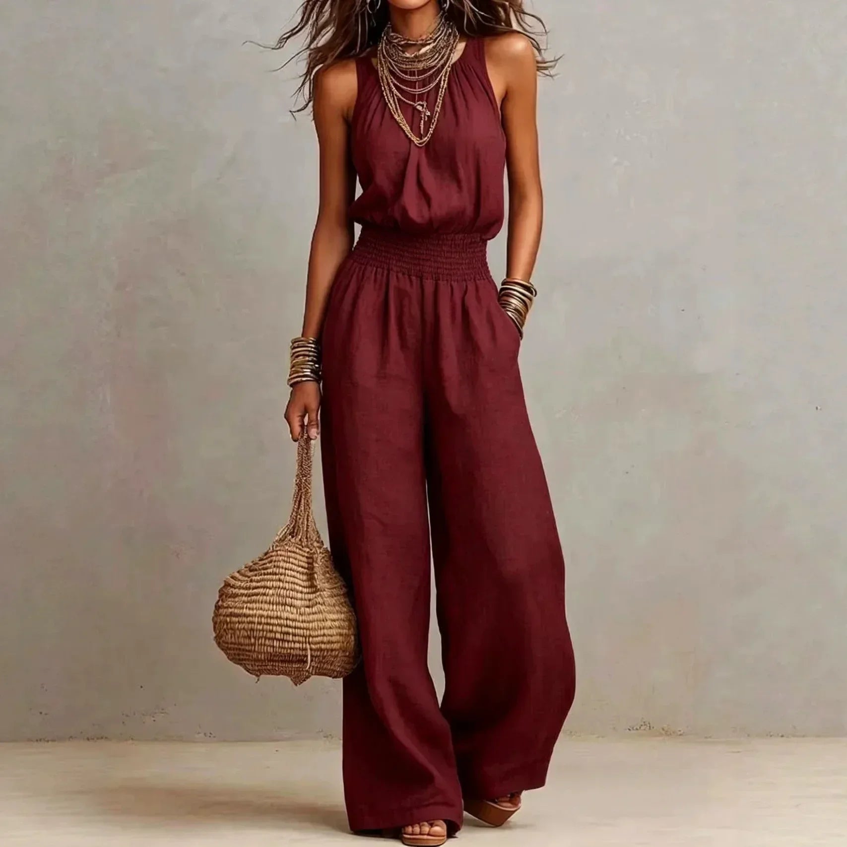 Women's Linen Jumpsuit Halter Neck Sleeveless Wide Leg Smocked Waist Casual