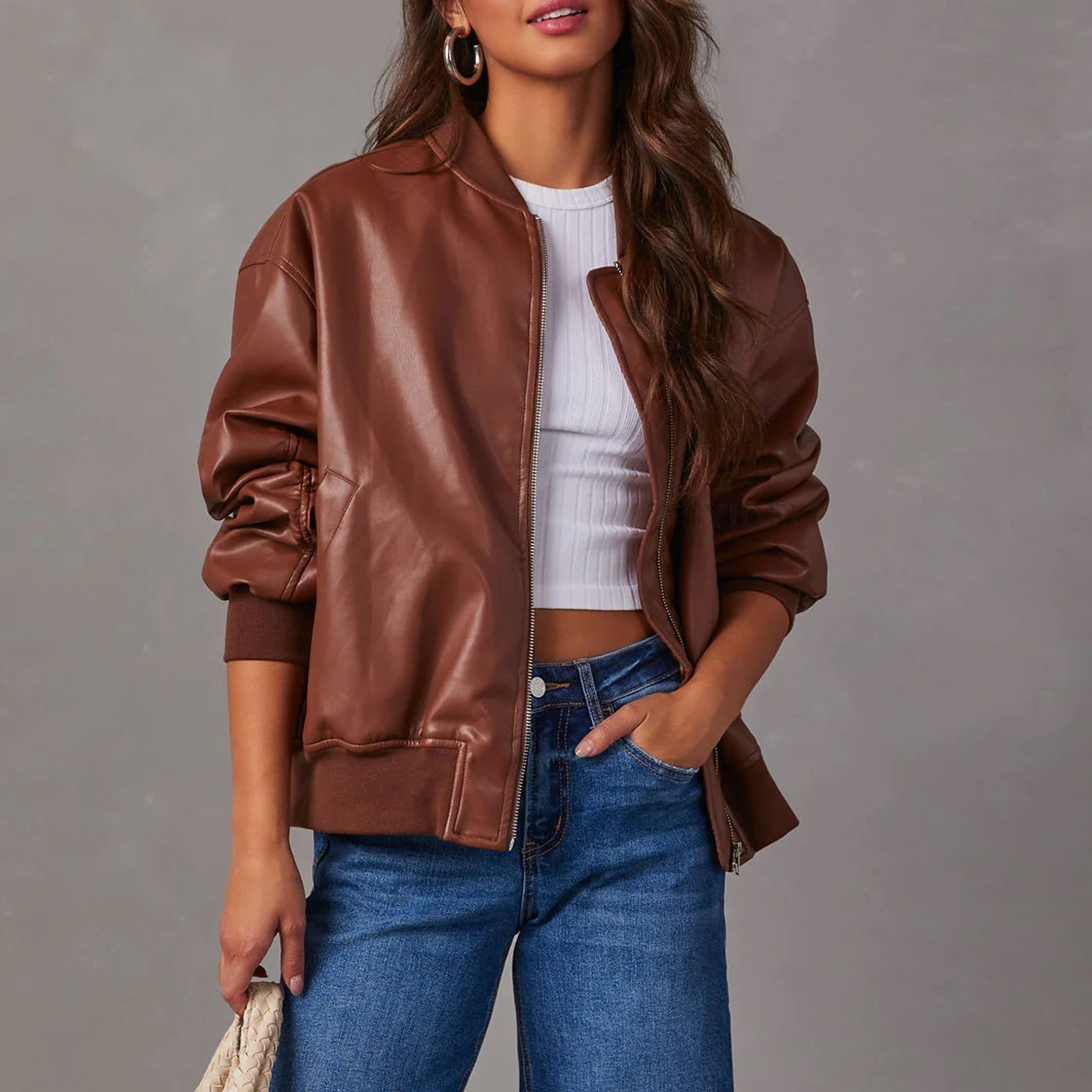 Women's Bomber Jacket Zip-Up Ribbed Collar Long Sleeve Casual Outerwear