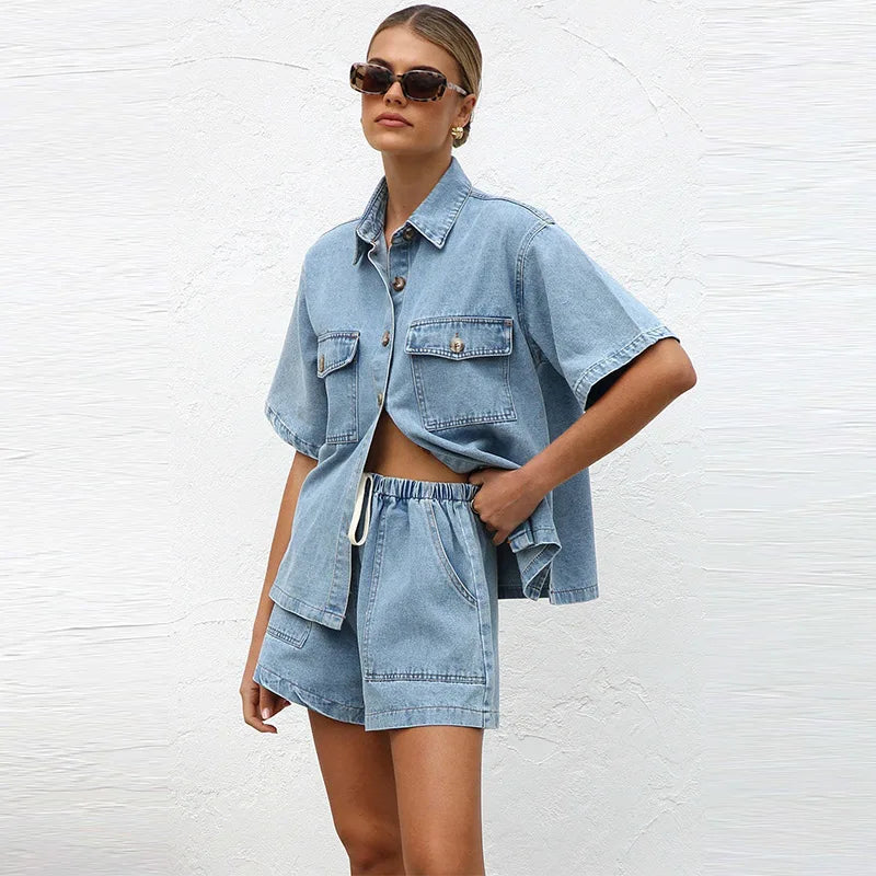 Women's Denim Two-Piece Set – Button-Down Top, Drawstring Shorts