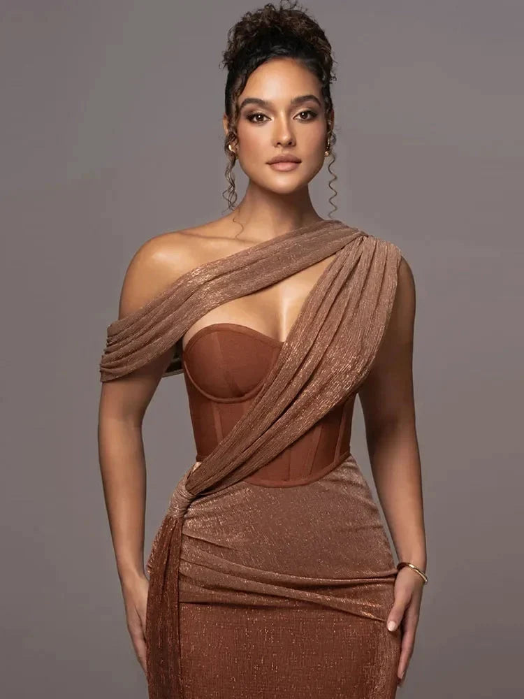 Women's One-Shoulder Maxi Dress Asymmetric Draped Corset Bodycon Evening Gown