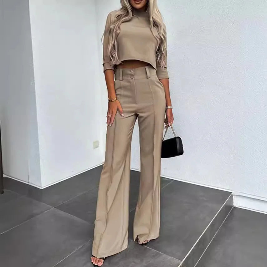 Women's 2 Piece Crop Top and Wide Leg Trousers Set Half Sleeve Casual