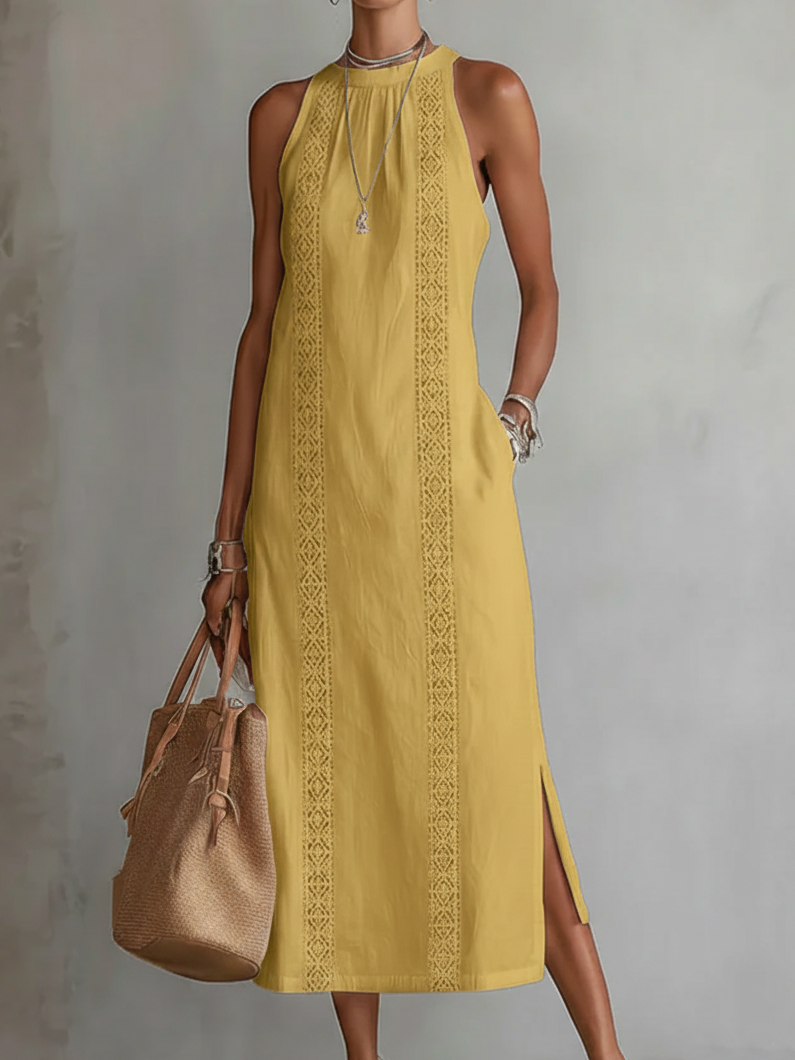Women's Halter Neck Midi Dress Sleeveless Lace Trim Side Split Casual Beach